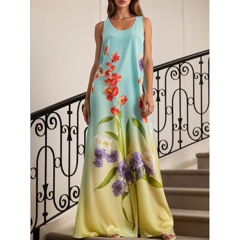 Women's White Champagne Blue Summer Spring Maxi Dress A Line Dress Vacation Casual Beach Formal Wedding Dailywear Regular Fit Floral Graphic Crew Neck3