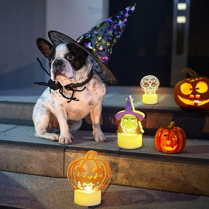 6 Pcs/1set Halloween LED Candle lights Decorative Pumpkin Witch Black Cat Skull Witch Hat Indoor Festival Party Restaurant Halloween Atmosphere Decorative Lights2
