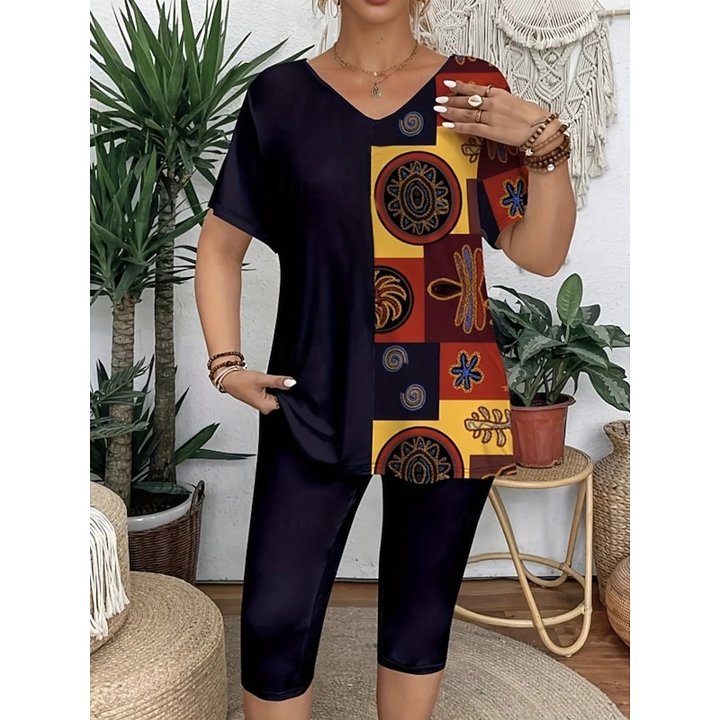 Women's Fashion T Shirt Shorts Sets Short Sleeve V Neck Floral Graphic Leopard Print Casual Daily Black Gold Green Summer Regular Fit3