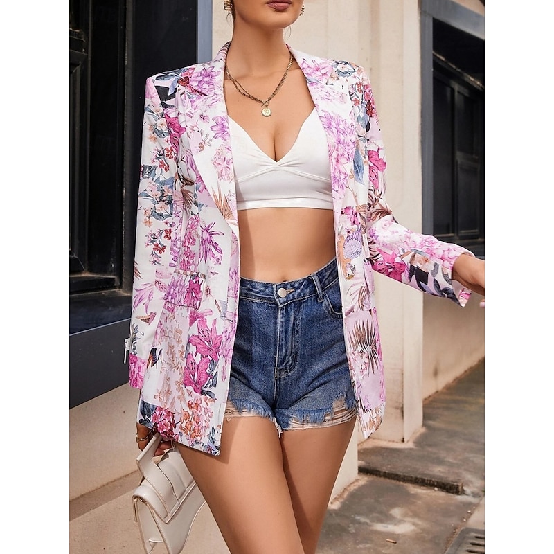 Women's Blazer Comfortable Breathable Print Casual Floral Office Street Casual Daily Wear Open Front Regular Notch Lapel Regular Fit Long Sleeve Outerwear Black Yellow Pink Summer Fall2