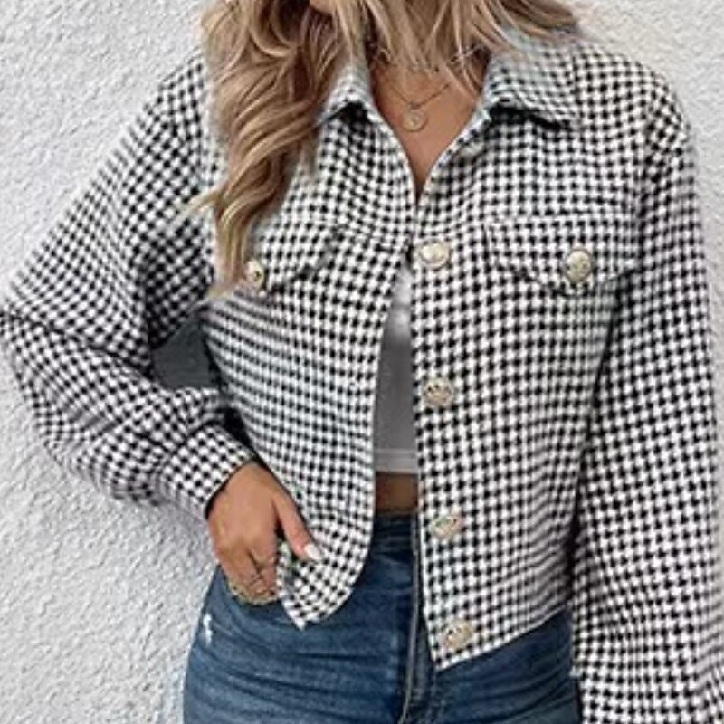 Women's Casual Jacket Comfortable Pocket Buttons Fashion Houndstooth Outdoor Vacation Holiday Going out Single Breasted Regular Turndown Regular Fit Long Sleeve Outerwear Black Red Sky Blue Fall4