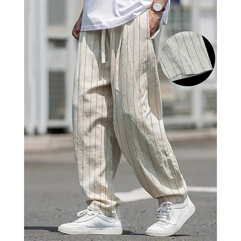 Men's Linen Pants Trousers Summer Pants Beach Pants Pocket Elastic Waist Drawstring Striped Comfort Breathable Vacation Daily Holiday Hawaiian Boho Khaki