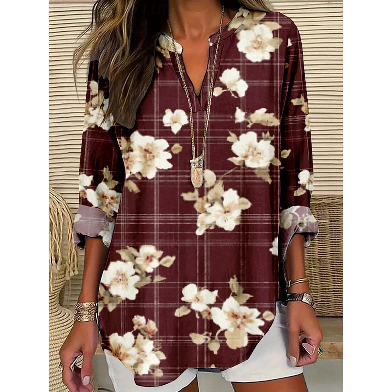 Women's Blouse Floral Stylish Modern Long Sleeve V Neck Regular Tops Daily Holiday Print Wine Royal Blue Blue Purple Khaki Summer