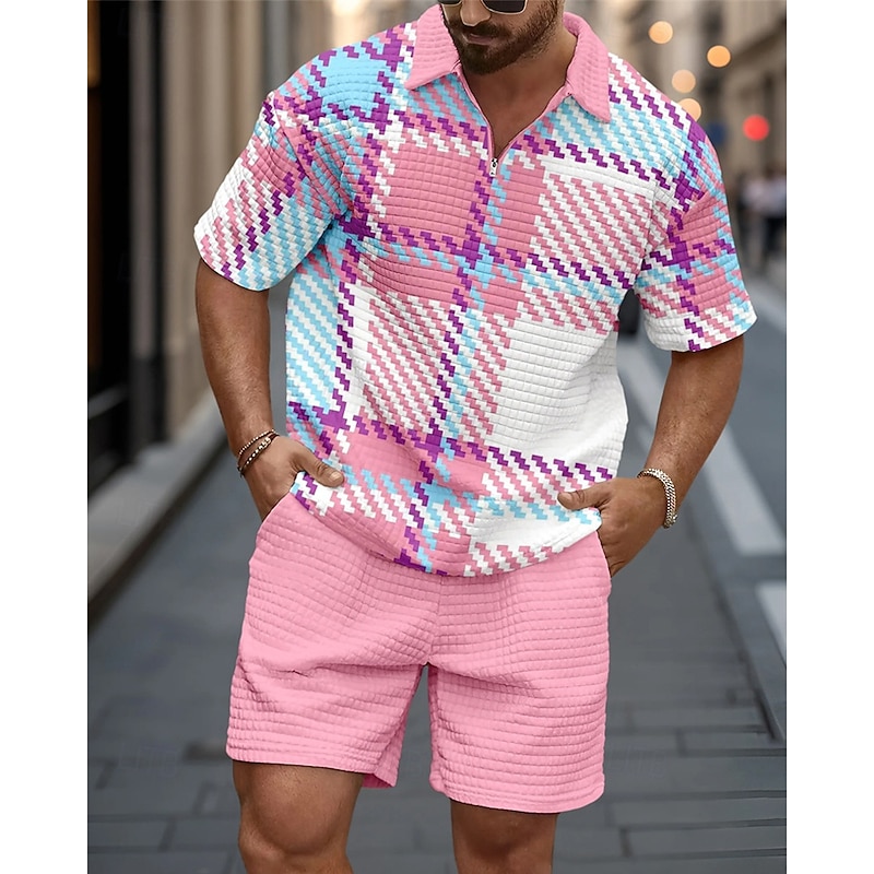 Men's Polo Shirts Zip Polo Outdoor Daily Wear Lapel Short Sleeve Fashion Hawaiian Color Block Stripes Zipper Summer Regular Fit White Pink Royal Blue Blue Polo Shirts - Main Image