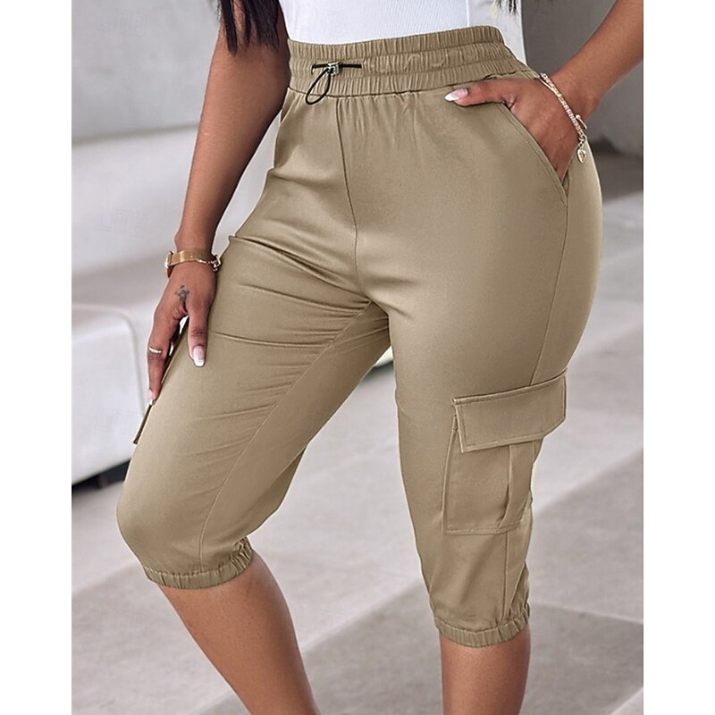 Women's Cargo Shorts Capri Pants Fashion Streetwear Calf-Length Natural Solid Colored Pocket Elastic Waist Comfortable Micro-elastic Sports & Outdoor Daily Wear Wine Black Pink Army Green Summer2