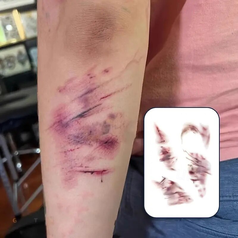 3PC Halloween Temporary Tattoos - Realistic Blood Wound Fake Tattoos with Stitches and Scratches Waterproof Realistic Appearance Easy to Apply/Remove for Men and Women Horror Makeup