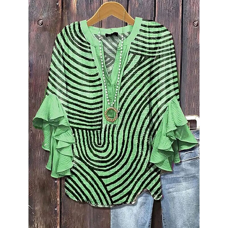 Women's Blouse V Neck Graphic Striped Daily Stylish Casual 3/4 Length Sleeve Regular Tops Daily Holiday Vacation Wear Print Blue Purple Green Khaki Summer Spring3