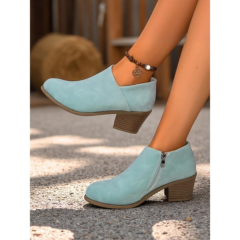 Women's Faux Leather Chunky Heel Ankle Booties – Vintage Slip-On Boots for Fall Outfits, Farm Days and Country Walks