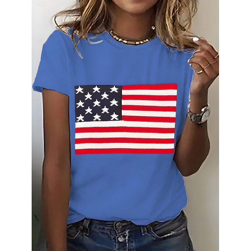 American Women's T Shirt Graphic Flag National Flag Vintage Stylish Classic Short Sleeve Crew Neck Round Neck Regular Tops Daily Print Black White Pink Blue Purple Summer Spring4