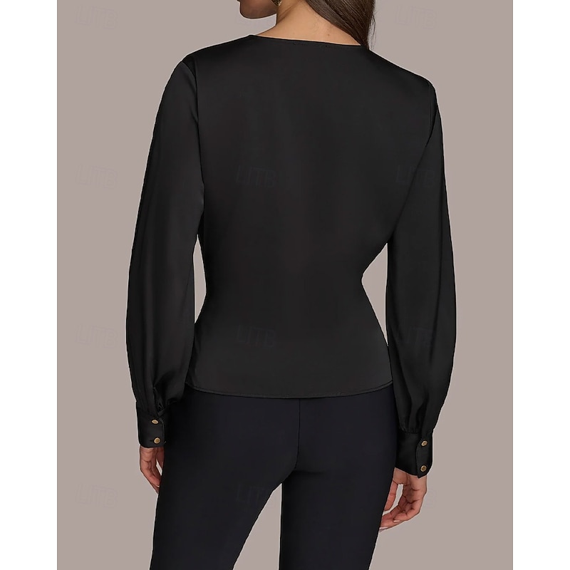 Two Piece Pantsuit Pantsuit Mother of the Bride Pantsuit Elegant Vintage Simple V Neck Ankle Length Satin Top Stretch Crepe Pants V Long Sleeve with Bow(s) Ruched3