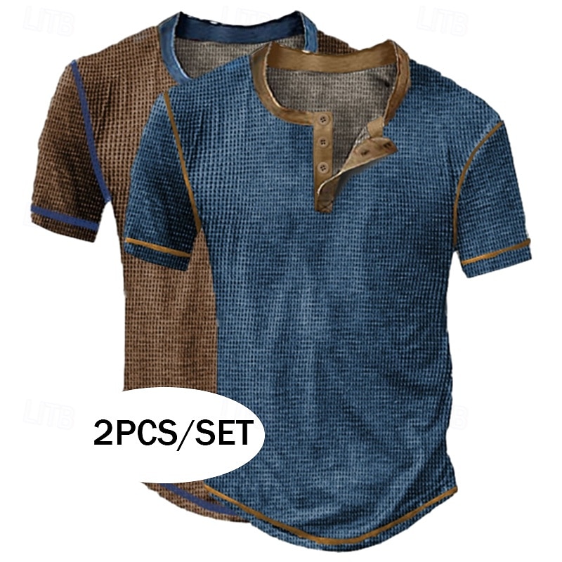 Men's Waffle Henley Shirt Tee Short Sleeve Solid Fashion Designer Casual Buttons Henley Outdoor Casual Daily Summer Brown+Yellow Dark Blue / Light Blue Grey / White Henley T-Shirt