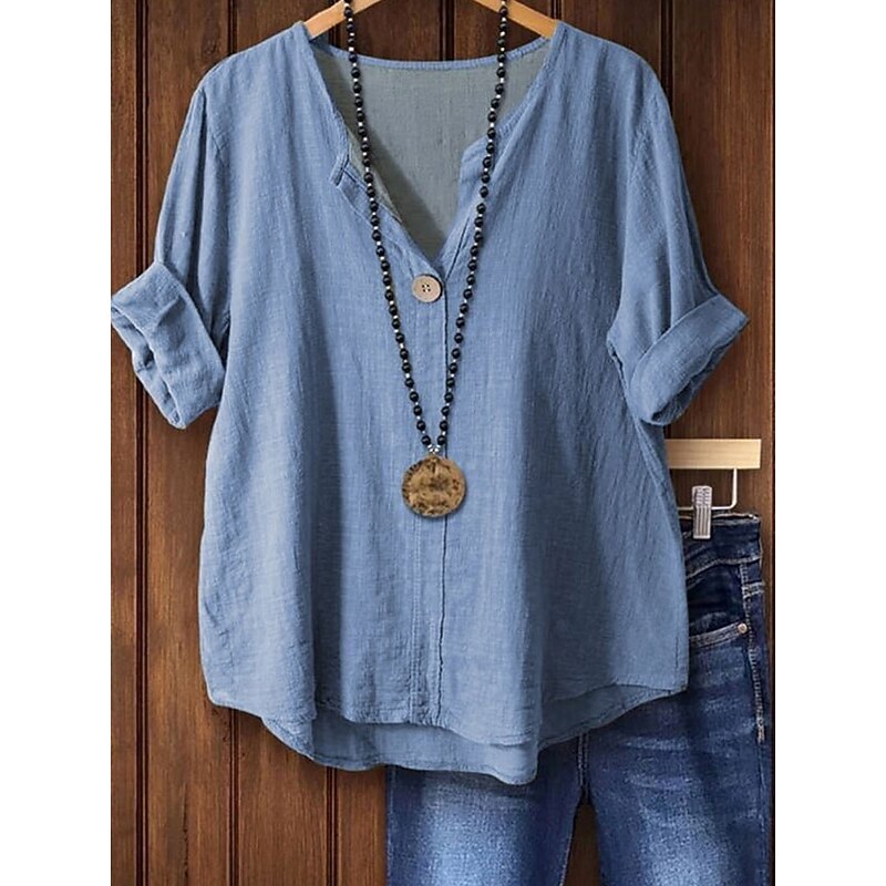 Women's Blouse Long Sleeve  V Neck Solid Color Daily Stylish Casual  Regular Tops Daily Holiday Beach Wear Print Black White Pink Blue Green Summer Spring2