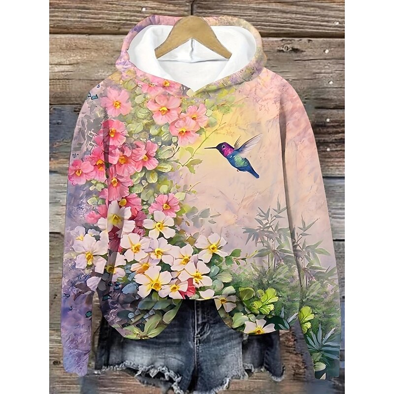 Women's Hoodie Pullover Sweatshirt Oversized Long Sleeve Casual Graphic Floral Animal Butterfly Vintage Retro Hooded Regular Tops Street Dailywear Print Pink Blue Spring Fall Winter4