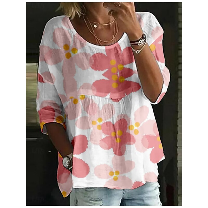 Women's Blouse Floral Stylish 3/4 Length Sleeve Crew Neck Regular Tops Daily Holiday Print Pink Navy Blue Royal Blue Blue Dusty Blue Summer3