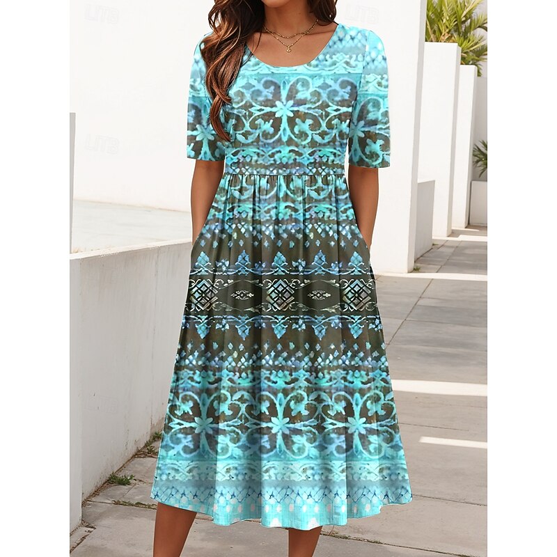 Women's Midi Dress Summer Dress Pleated Dress Vacation Casual Holiday Regular Fit Graphic Geometric Half Sleeve Crew Neck Pink Blue Purple Green Summer Spring Fall3