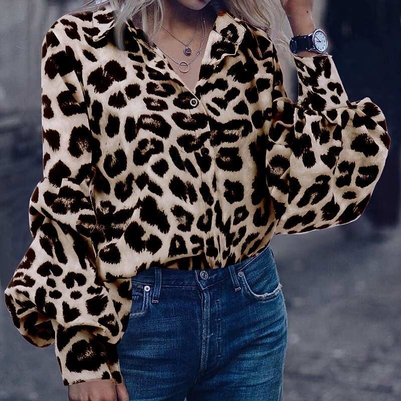 Women's Shirt Button Down Blouse Leopard Stylish Casual Long Sleeve Shirt Button Down Blouse Collar Regular Tops Daily Buttons Print Brown Gray Spring Fall