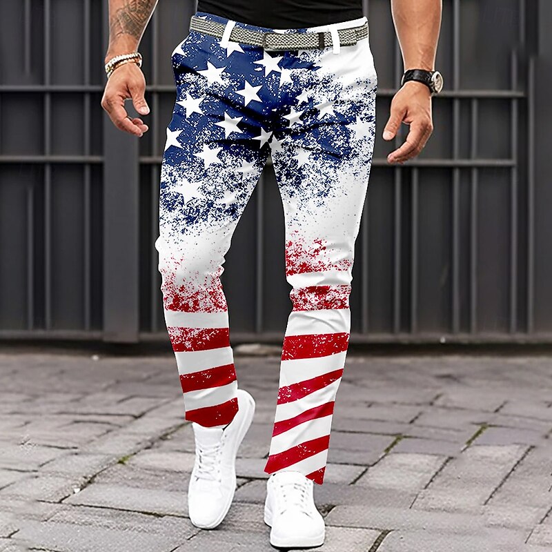 Men's US Flag Patriotic Dress Pants Trousers Casual Pants Mid Waist Classic Casual Holiday Slim Fit Pants with Pockets Spring Fall 3D Print White Blue2