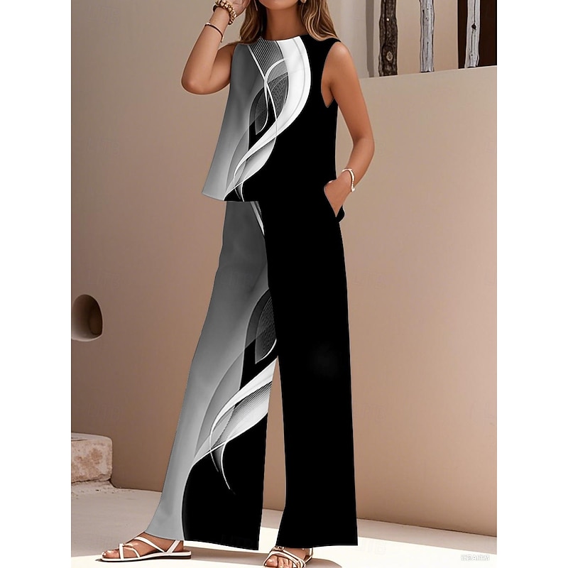 Women's Elegant Fashion Streetwear Two Piece Sets Blouse Vest Pants Sleeveless Crew Neck Outdoor Work Casual Geometric Gradient Print Vacation Daily Holiday White Blue Purple Summer Regular Fit