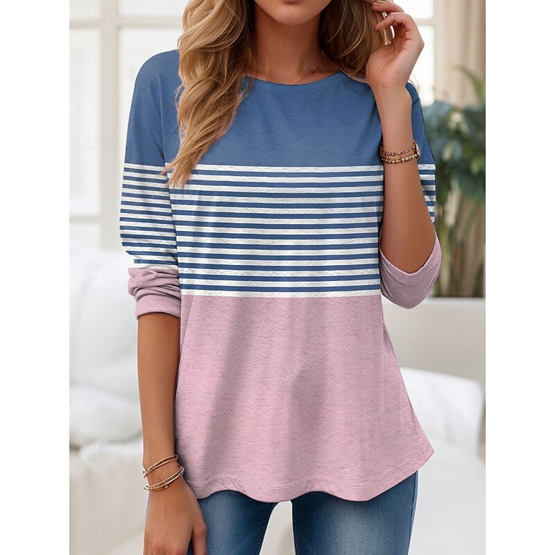Women's T shirt Crew Neck Long Sleeve Tunic Graphic Geometric Striped Vintage Stylish Classic  Regular Tops Daily Print Pink Fall