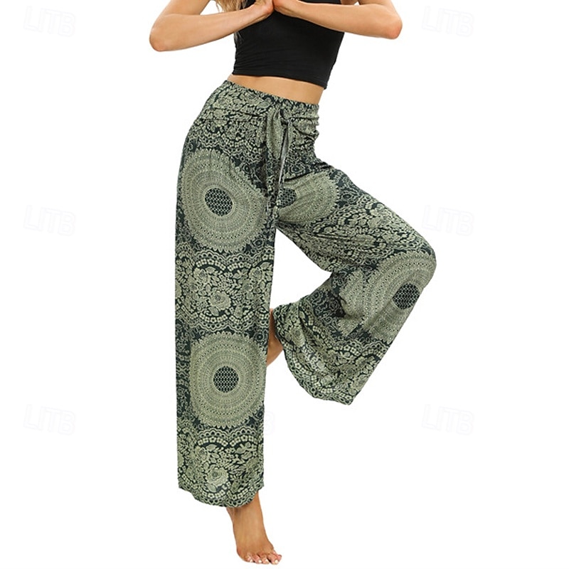 Women's Wide Leg Pants Trousers Casual Boho Full Length High Waist Print Pocket Elastic Drawstring Design Breathability Soft Micro-elastic Vacation Street Daily Wear Red Green Summer Spring Regular3