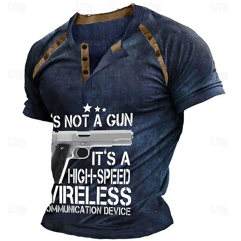 Men's Funny Graphic Tee Short Sleeve with Gun Design Pun Text: 'Not A Gun, High-Speed Wireless Communication Device'