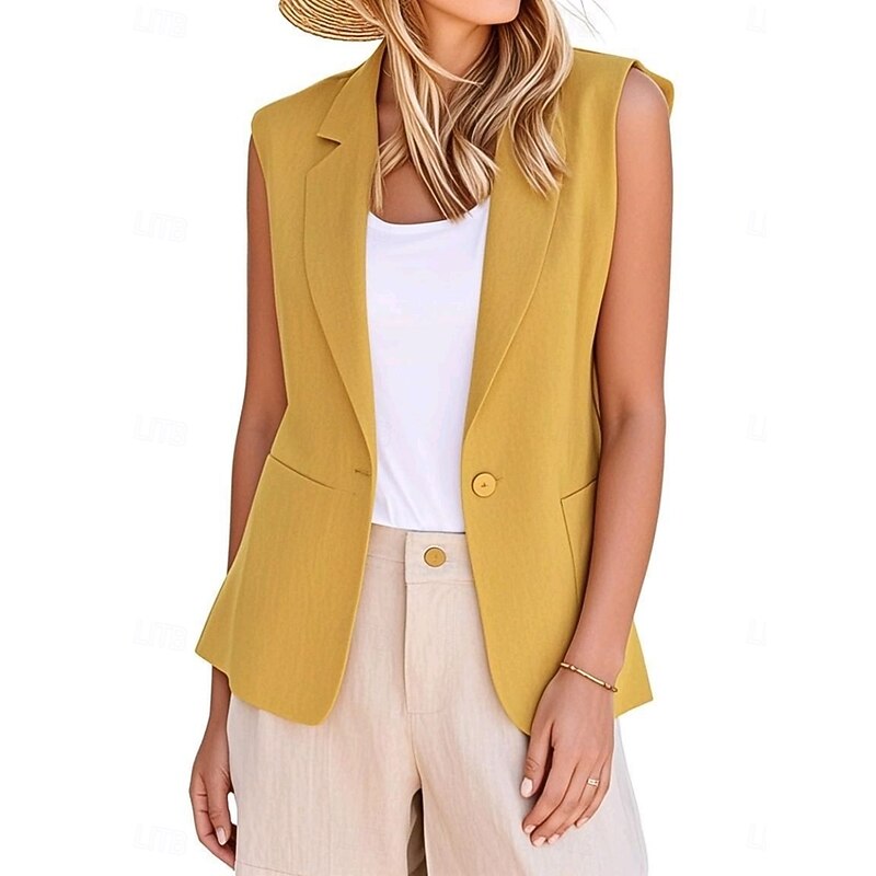 Women's Vest Blazer Comfortable Breathable Pocket Modern Casual Plain Office Street Casual Daily Wear Single Breasted Regular V Neck Regular Fit Sleeveless Outerwear Black White Yellow Summer Spring4