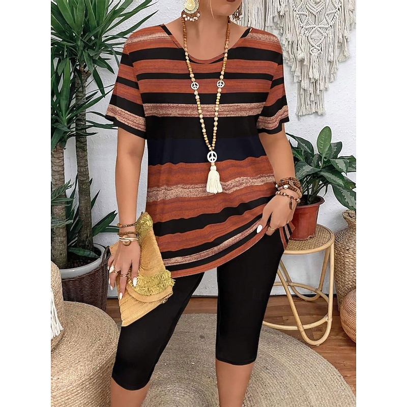 Women's Fashion T Shirt Shorts Sets Short Sleeve V Neck Graphic Striped Print Casual Daily Casual Daily Blue Purple Brown Summer Regular Fit