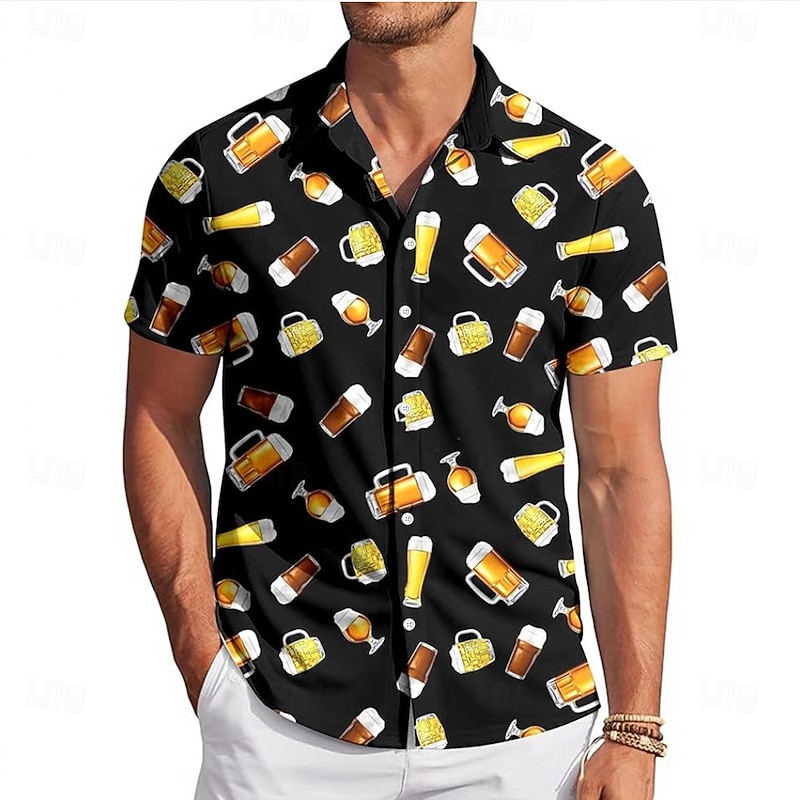 Men's Optical Illusion Oktoberfest Beer Shirt Summer Shirt Button Up Shirt Short Sleeve Hawaiian Outdoor Holiday Summer Spring Turndown 3D Print Collared Shirts Black Yellow Orange3