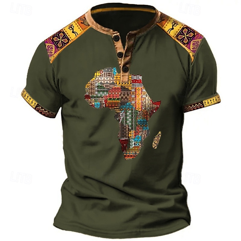 Men's Graphic Tribal Henley Shirt Vintage Shirt Short Sleeve 3D Print Designer Ethnic Comfortable Outdoor Daily Summer Black Blue Brown Green Henley Henley T-Shirt3