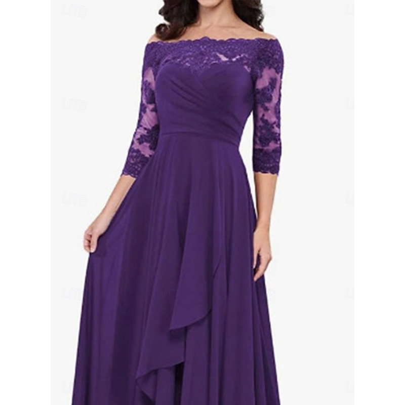 A-Line Mother of the Bride Dress Elegant Simple Off Shoulder Floor Length Chiffon 3/4 Length Sleeve with Solid Color3