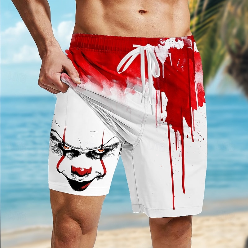 Men's Creepy Clown Clown Blood stains Lined Shorts 2 in 1 Board Shorts Swim Shorts Mid Waist Gothic Horror Holiday Side Pockets With Compression Liner Elastic Drawstring Waist Designer Clothing
