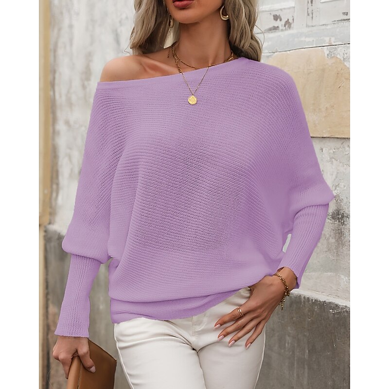 Women's Sweater Pullover Streetwear Casual Solid Color Ribbed Off Shoulder Knitted Long Sleeve Regular Tops Knit Going out Weekend White Purple Fall3