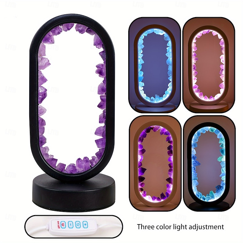 1pc Classic LED Bedside Lamp Natural Quartz Amethyst Flowers Raw Stone Crystal Soothing Night Light for Bedroom and Desk USB Powered Multi-Color Modes Ideal for Christmas Decor