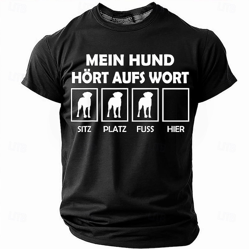 Men's Funny Dog Owner T-Shirt: My Dog Listens to Every Word - Sit, Down, Heel (Where's Here?) Graphic Tee