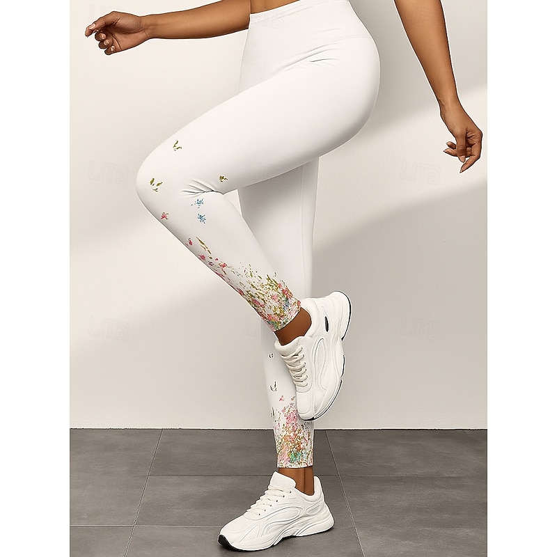 Women's Leggings Elegant Vacation Fashion Ankle-Length High Waist Floral Graphic 3D Print Quick Dry Breathability Soft Stretchy Outdoor Home Causal Black White Fall Slim Fit2