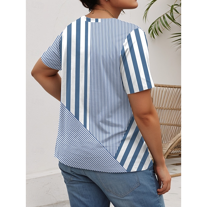 Women's Plus Size Tops T Shirt Graphic Striped Print Short Sleeve Crew Neck Casual Daily Polyester Summer Pink Blue2