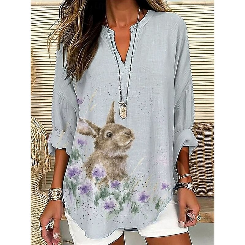Women's Blouse Tunic V Neck Long Sleeve Boho Casual Tops Graphic Animal Dragonfly Bohemia Vintage Tropical Regular Tops Daily Wear Print Navy Blue Dusty Blue Light Grey Beige3