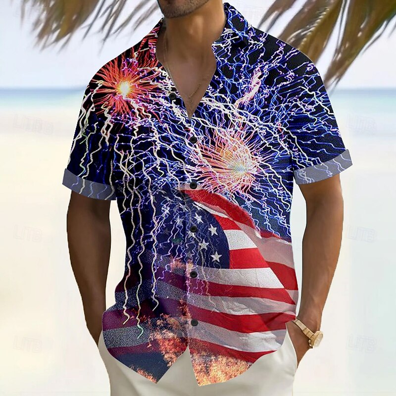 Independence Day Men's Lightning American US Flag Patriotic Shirt Summer Shirt Button Up Shirt Short Sleeve Fashion Casual Outdoor Vacation Dailywear Summer Turndown 3D Print Linen Like Shirt Blue