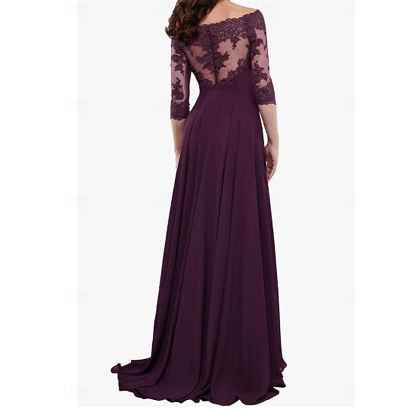 A-Line Mother of the Bride Dress Elegant Simple Off Shoulder Floor Length Chiffon 3/4 Length Sleeve with Solid Color4