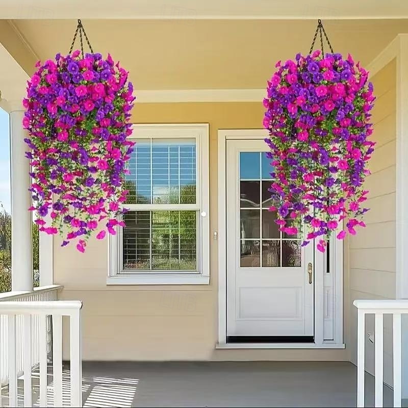 2PCS UV Resistant Artificial Morning Glory Hanging Flowers, Vibrant Purple and Red-Purple Plastic Faux Flowers for Porch, Garden, Wedding and Outdoor Decor, Weatherproof and Realistic Floral Decoration4