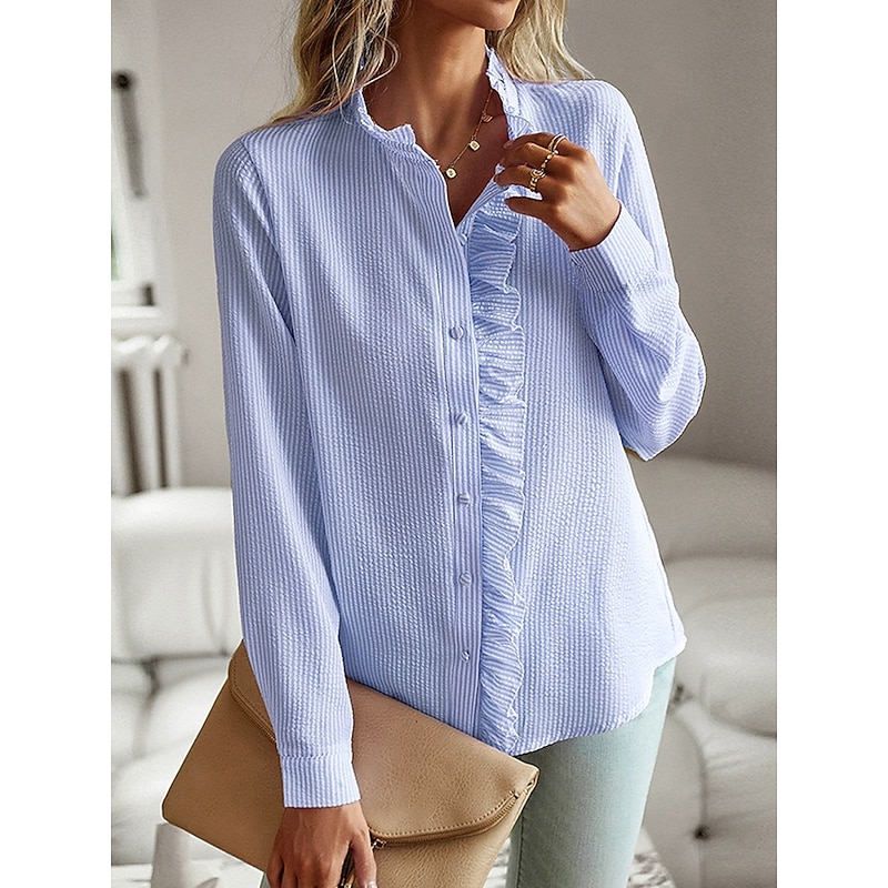 Women's Shirt Button Down Blouse Solid Color Plain Striped Elegant Stylish Basic Long Sleeve Crew Neck Regular Tops Daily Ruffle Buttons White Pink Sky Blue Gray Spring Fall Winter4