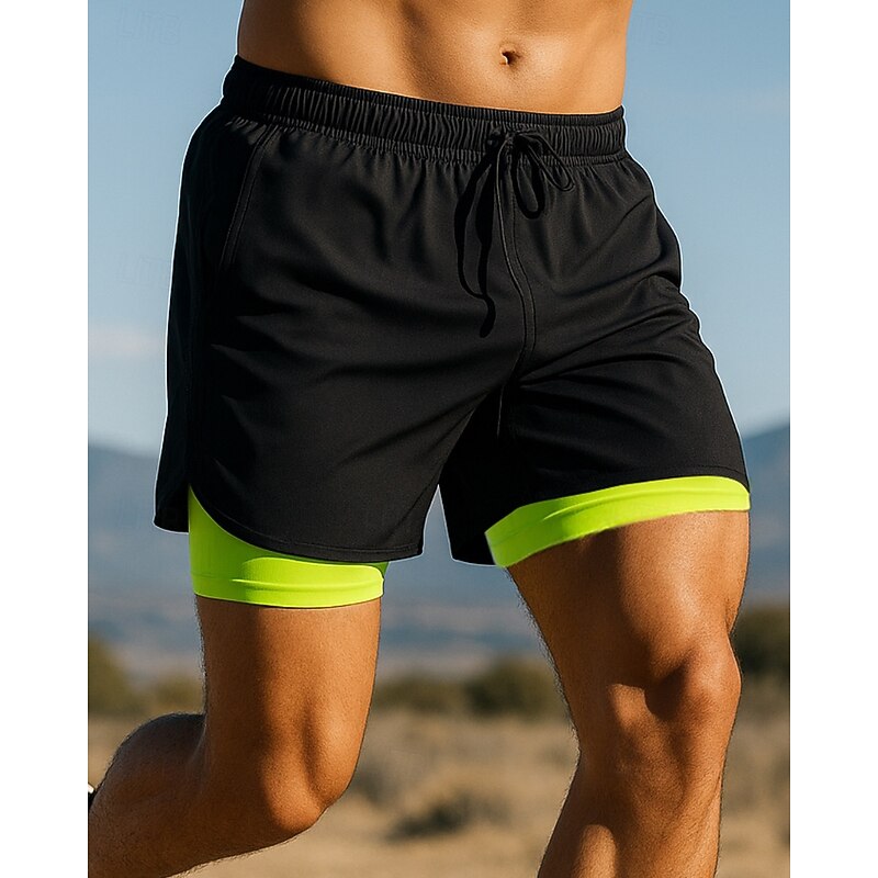 Men's Shorts with Tights Patchwork Shorts Outdoor Sports & Outdoor Casual Quick Dry Lightweight Breathable Tennis Golf Running Regular Fit Sportswear Activewear Color Block fluorescent green Black Red2