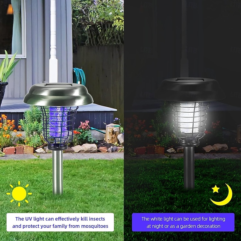 Solar Bug Zapper Waterproof Outdoor Mosquito Zapper Killer and Lighting Repellent Lamp for Indoor Outdoor Use Garden Patio Purple and White Light (Stainless Steel - Silver)4