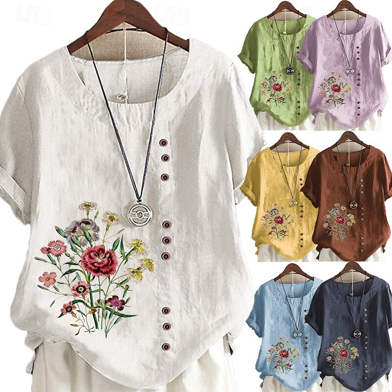 Women's Cotton Linen Shirts Floral Graphic Elegant Daily Basic Short Sleeve Crew Neck Regular Tops Daily Holiday Vacation Wear Buttons Grass Green White Yellow Army Green Navy Blue Summer3