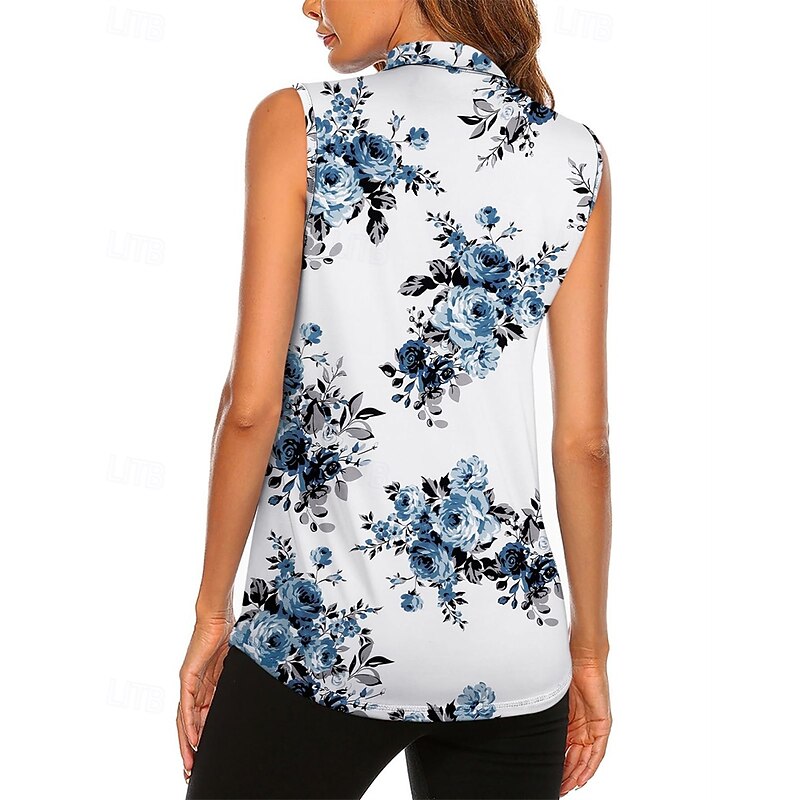 Women's Graphic Floral Botanical Sport Shirt Golf Polo Shirt Tennis Shirt Sleeveless Zipper High Elasticity Moisture Wicking Breathable Tennis Golf Pickleball Turndown Zip Collar Shirt Top Blue2