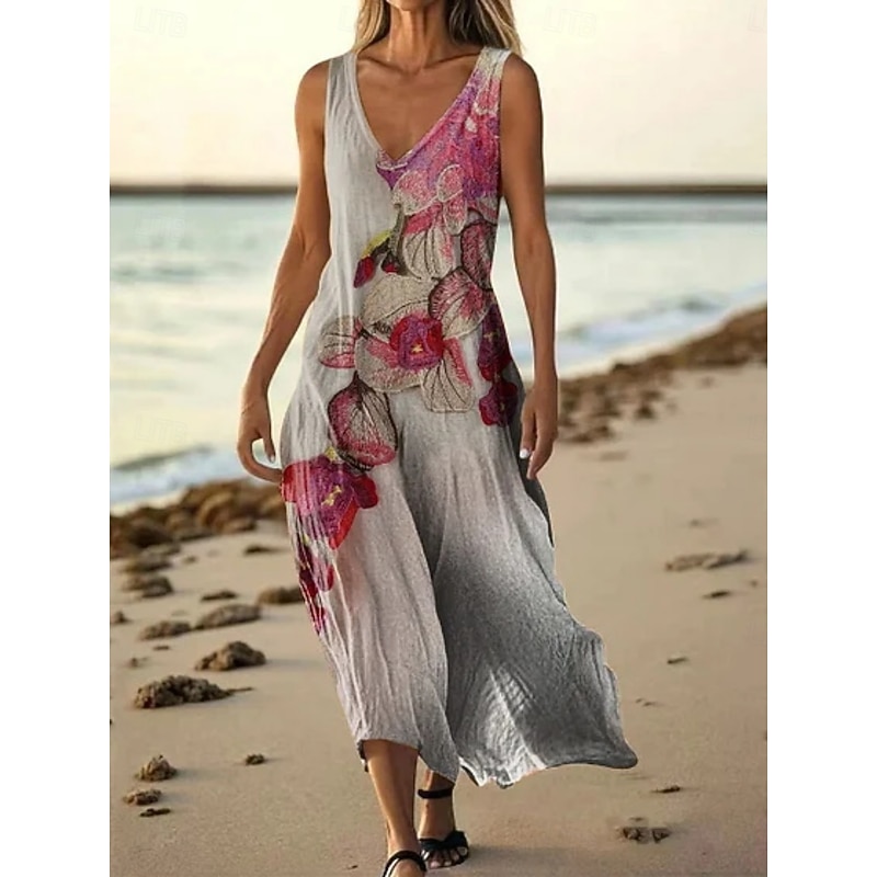 Women's Long Dress Maxi Dress Casual Dress Tank Dress Summer Dress Vintage African Daily Holiday Beach Regular Fit Floral Sleeveless V Neck Yellow Blue Orange Light Grey Summer