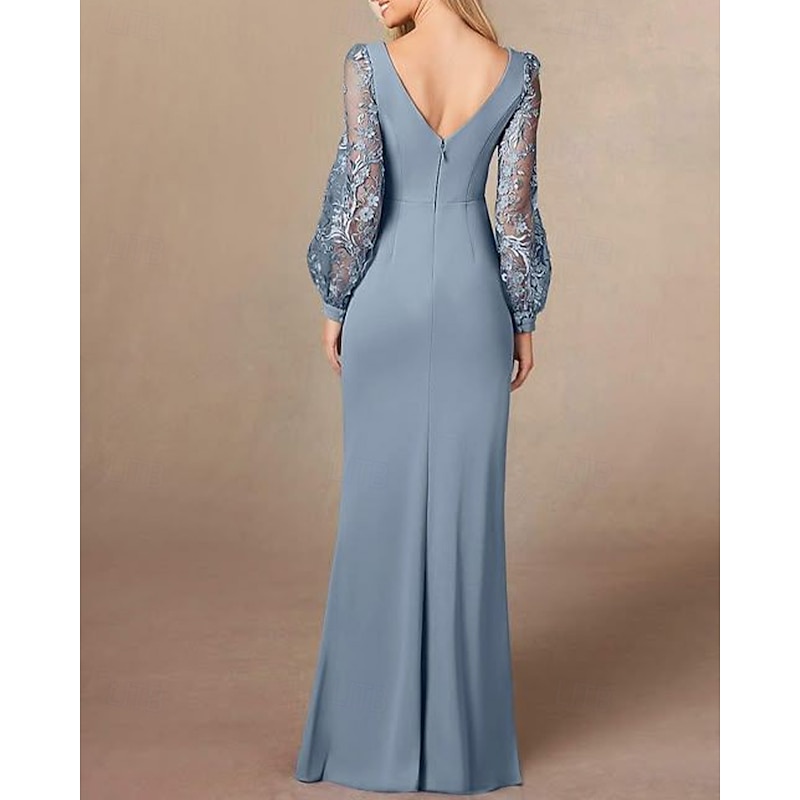 DustySheath / Column Mother of the Bride Dress Elegant Simple Minimalist Boat Neck Floor Length Stretch Crepe Long Sleeve with Lace Embroidery2