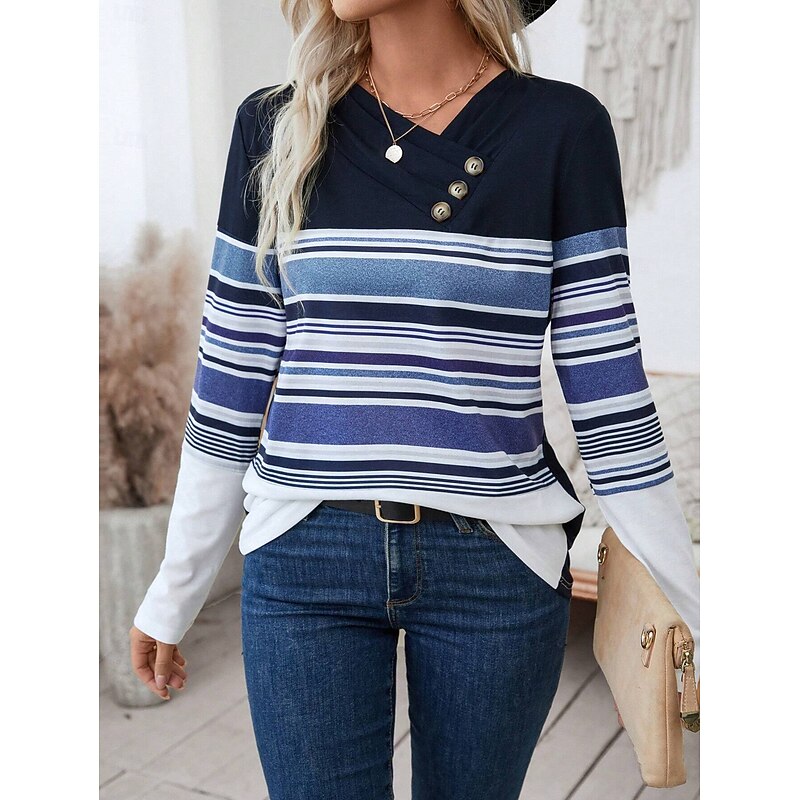 Women's T Shirt Graphic Striped Vintage Stylish Classic Long Sleeve Asymmetric Neck Regular Tops Daily Weekend Print Blue Summer4