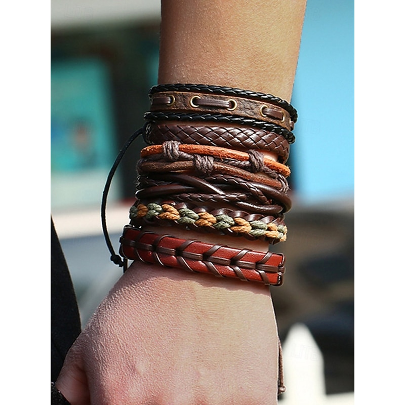 Men's Multi-Layer Leather Bracelet Set – Boho Woven Tribal Cuff Wristbands with Adjustable Fit for Casual Outfits and Music Festivals2