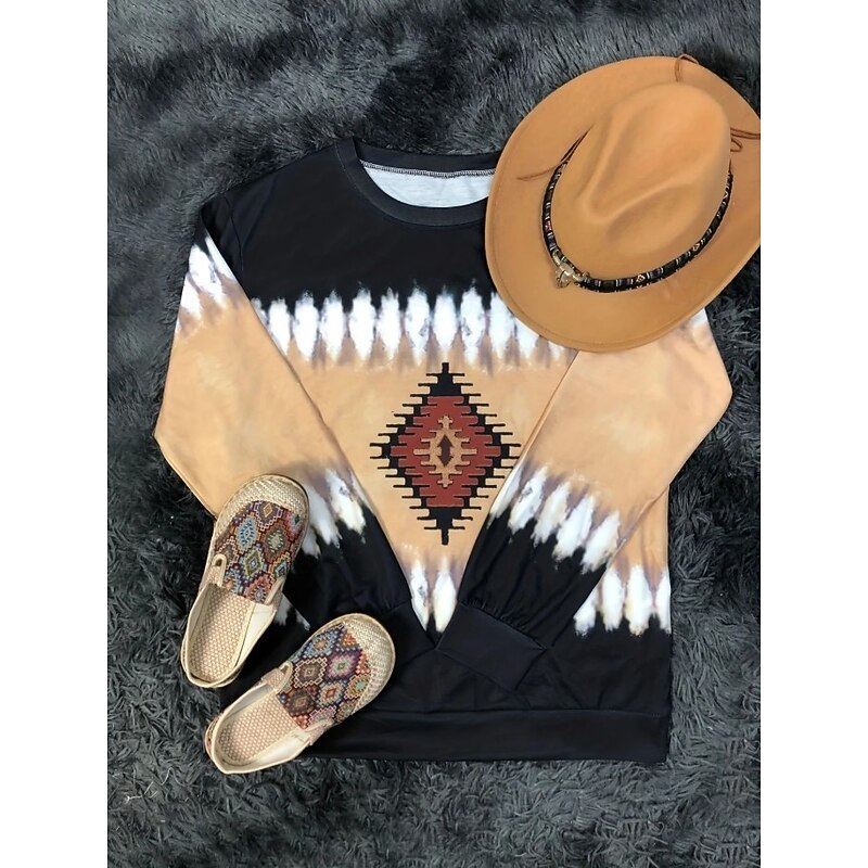 Women's Pullover Sweatshirt Graphic Geometric Warm Vintage Fashion Long Sleeve Crew Neck Regular Tops Street Dailywear Casual Print Blue Khaki Spring Fall Winter2